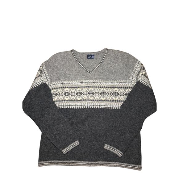 GAP Other - GAP Gray Fair Isle V-Neck Lambs Wool Blend Sweater